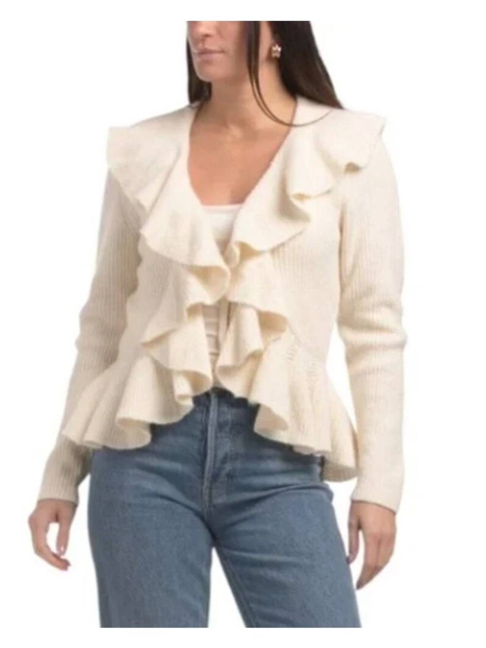 Camila Coelho Ruffle Front Peplum Cardigan Cream Beige Sz L Romantic Chic